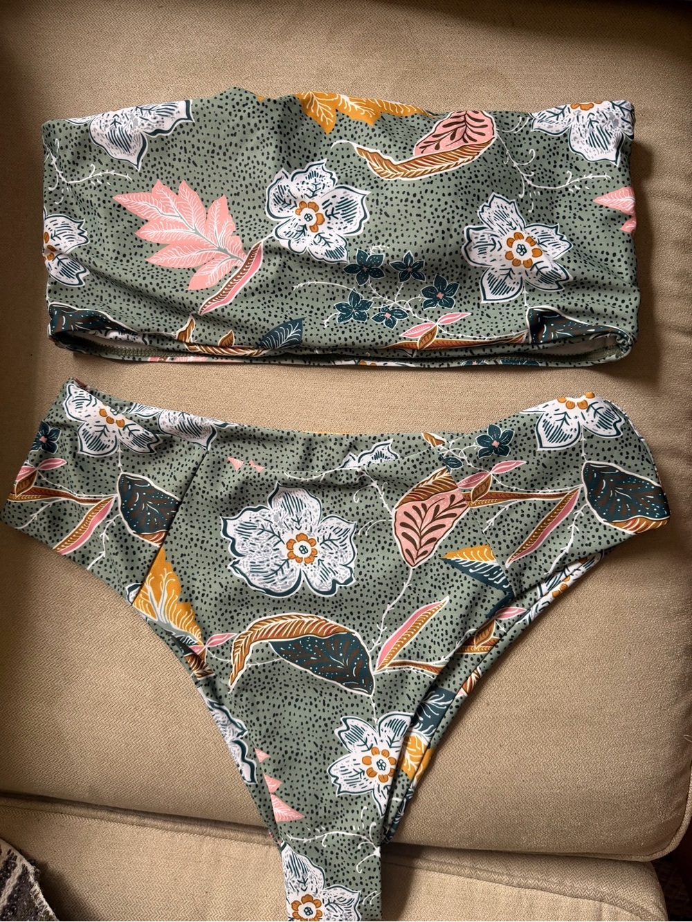 Green Floral Bandeau Bikini Set - Pink, White & Mustard Accents